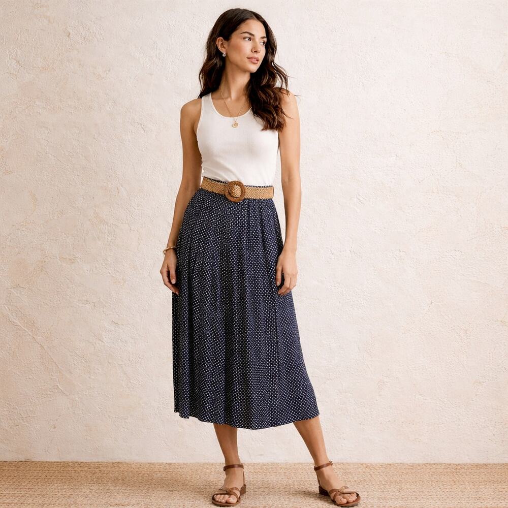 Vintage 80s Country Classics Navy Accordion Pleated Midi Skirt 14 L